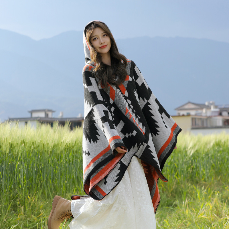 New Ethnic Style Thickened Shawl Xinjiang Tibet Yunnan Travel Photography Clock-in Wear Cape Warm Coat for Women