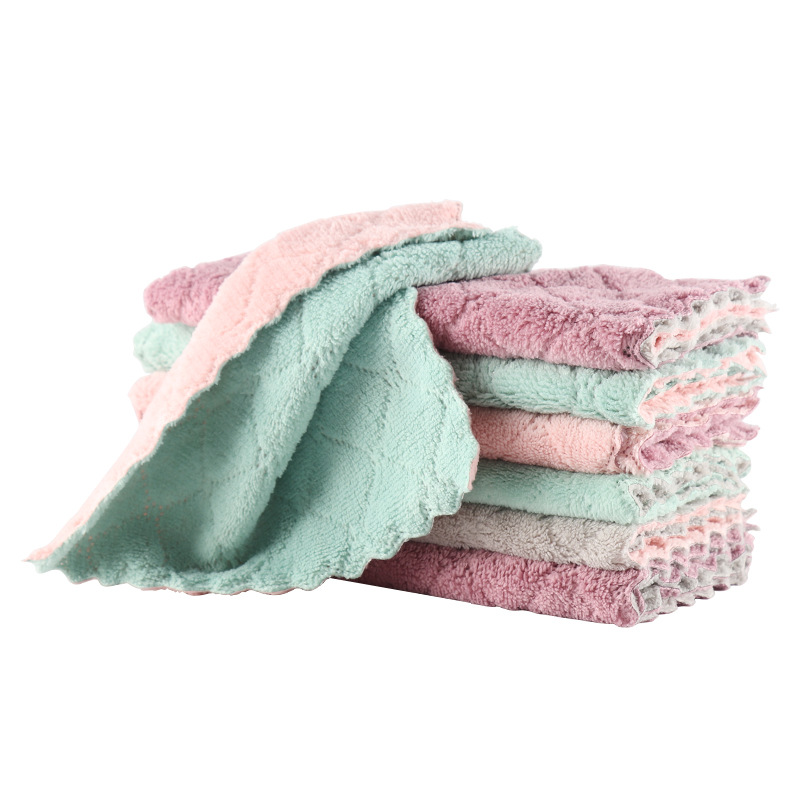 Dishcloth Double-Sided Two-Color Thick Coral Fleece Dishcloth Kitchen Household Cleaning Dish Towel Dishcloth Factory Wholesale