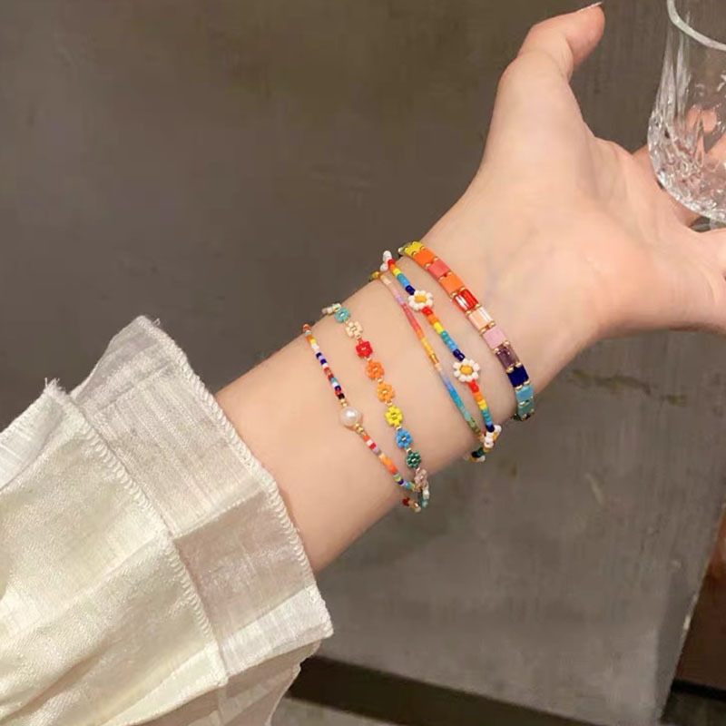 Korean Style Colorful Beaded Bracelet Flower Niche Bracelet Design Dopamine Bracelet Versatile Personality Style Knitting Accessories