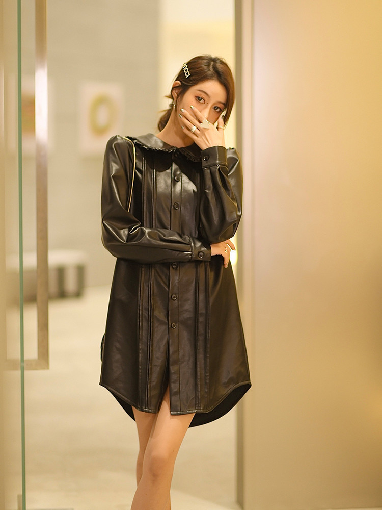 can 秋季新款 赫本风轻奢质感皮裙连衣裙娃娃领衬衫裙 现货-阿里巴巴