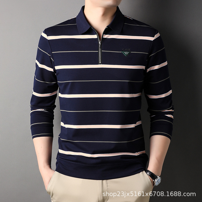 春秋季新款男士长袖翻领polo衫中年条纹半拉链体恤宽松休闲打底衫
