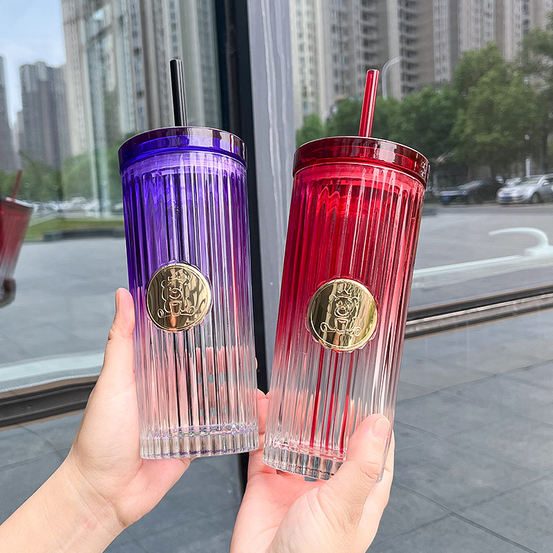 Ws Internet Celebrity Light Luxury Vertical Pattern Cup with Straw Large Capacity Summer Good-looking Cute Girl Cold Water Glass Cup