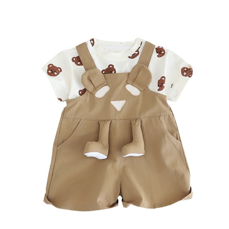 Boys' Suit 2024 New Western Style Baby Girls' Short Sleeve Cute Suspender Pants Two-Piece Set Baby Kids' Summer Handsome Baby Clothes