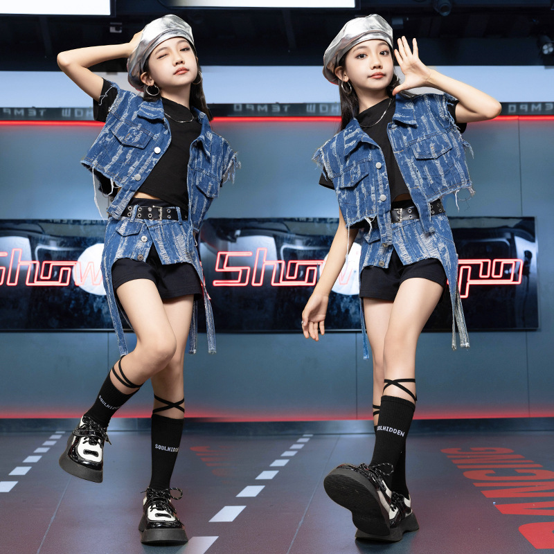 爵士舞服装女童新款潮酷牛仔腰封jazz儿童走秀潮服女团舞蹈演出服