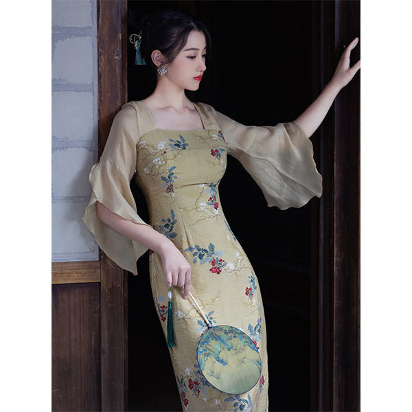 包邮新中式国风裙子女夏季印花日常荷叶袖复古气质改良旗袍连