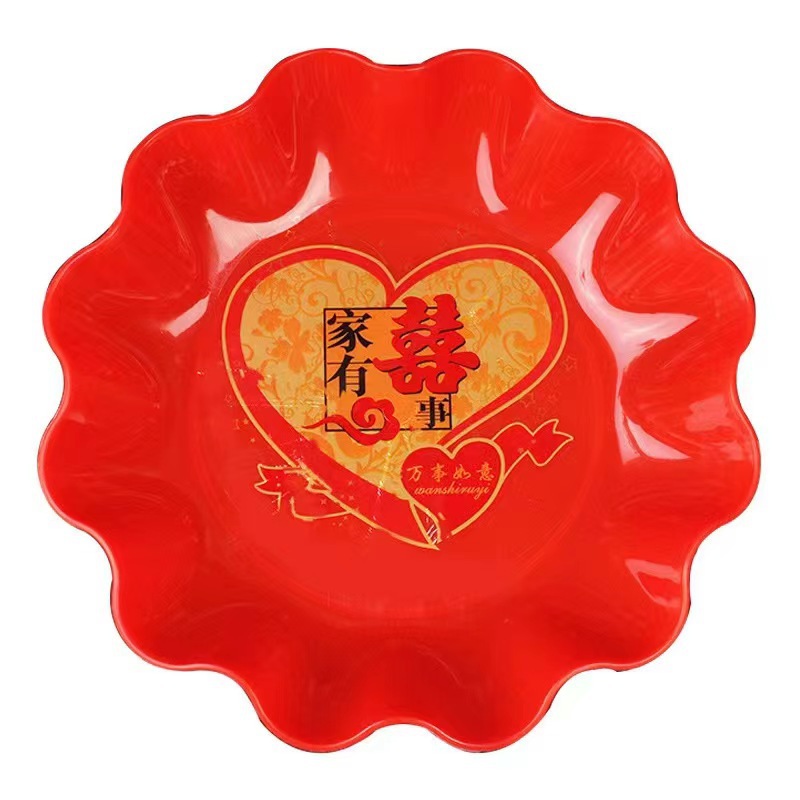 Wholesale Wedding Supplies Red Xi Character Dried Fruit Tray Plastic Melon Seeds with Happy Family Events Candy Plate