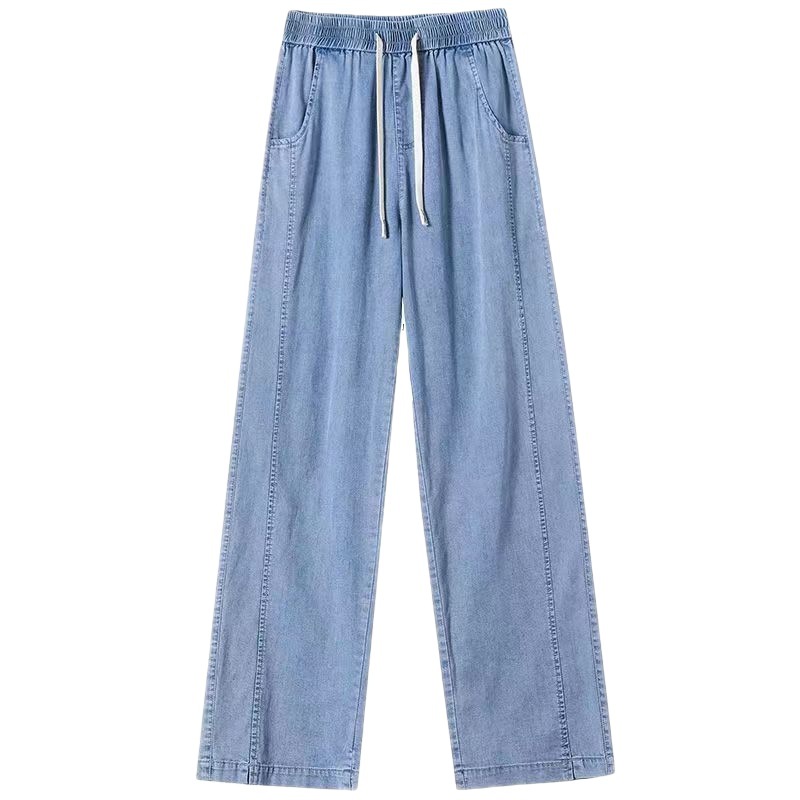 Elastic Waist Tencel Wide-Leg Jeans for Women Summer Thin 2023 New High Waist Drooping Slimming Drawstring Straight-Leg Pants Spring