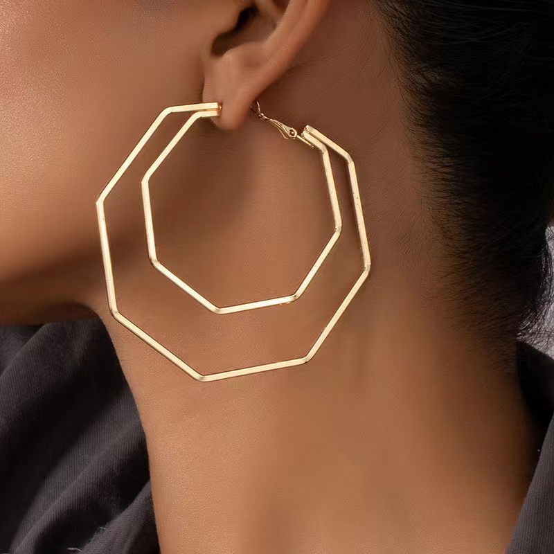 青岛饰品欧美耳环气质金属六边形耳饰女夸张方形耳饰潮耳环女长款