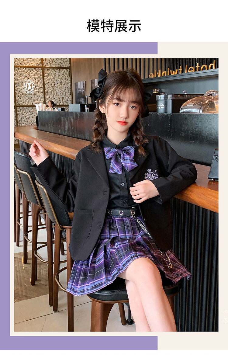 2022女童春装暗黑格子裙电竞少女jk制服全套儿童百褶裙三件套