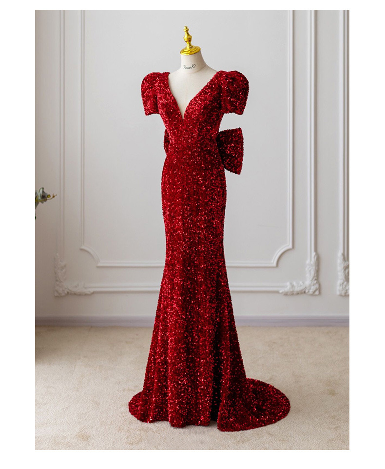 敬酒服新娘拖尾2022新款冬季红色鱼尾漏背亮片宴会主持人晚礼服女
