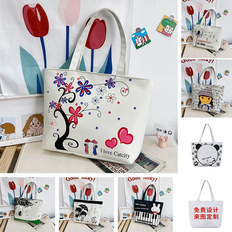Women's Bag Wholesale 2023 New Simple Canvas Bag Shoulder Women's Handbag Korean Style Casual Cartoon Big Bag