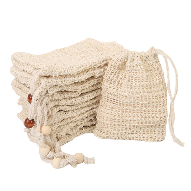 Cotton and Linen Soap Foam Net Foaming Net Hanging Drawstring Soap Bag Natural Bath Bag Sisal Foaming Sponge