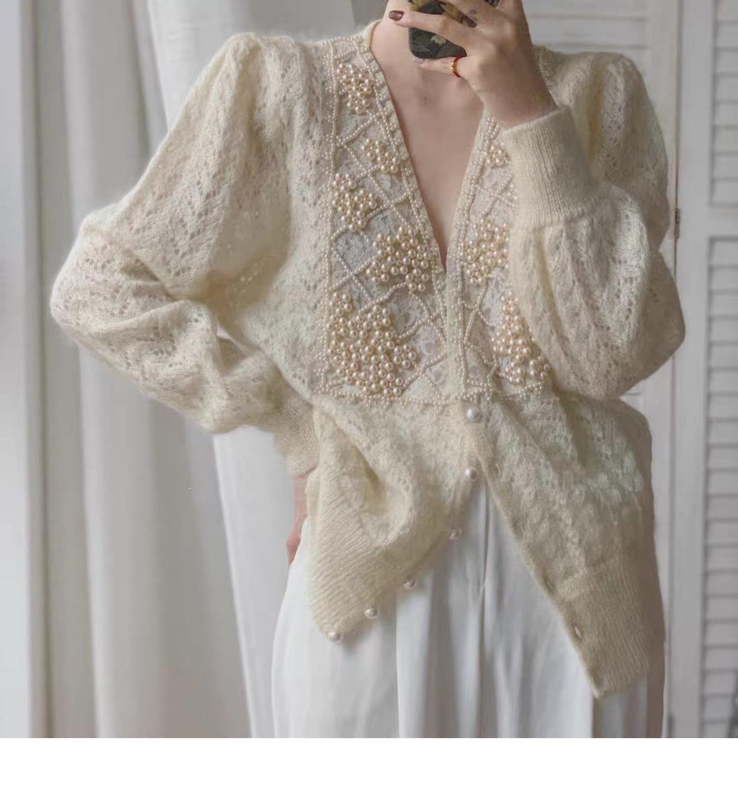 珍珠镶嵌开衫马海毛毛衣外套女秋冬季新款软糯慵懒风缕空宽松上衣