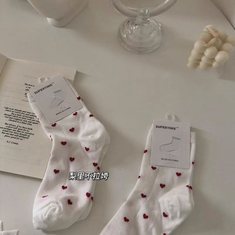 White Small Love Socks Children Tube Socks Spring and Autumn All-Match Ins Trendy Pure Cotton Japanese Cute Long Socks Summer Thin
