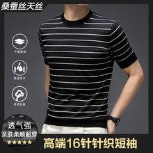 2024夏季新款男士短袖T恤16针高端桑蚕丝天丝细条纹针织衫半袖衫