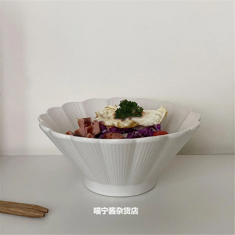 ins日式陶瓷大碗复古纯色拉面碗 菊花纹泡面碗家用大号沙拉碗汤碗