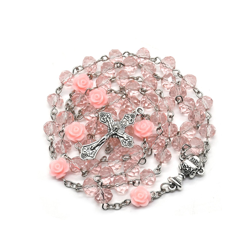 6*8mm 粉色玫瑰水晶念珠项链jhs saint cup 外贸跨境电商祈祷珠
