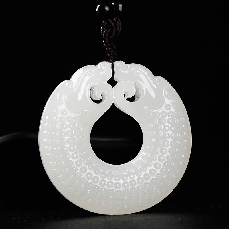 厂家直销和田玉白玉双龙守护吊坠平安璧复古龙纹平安扣吊坠男女款