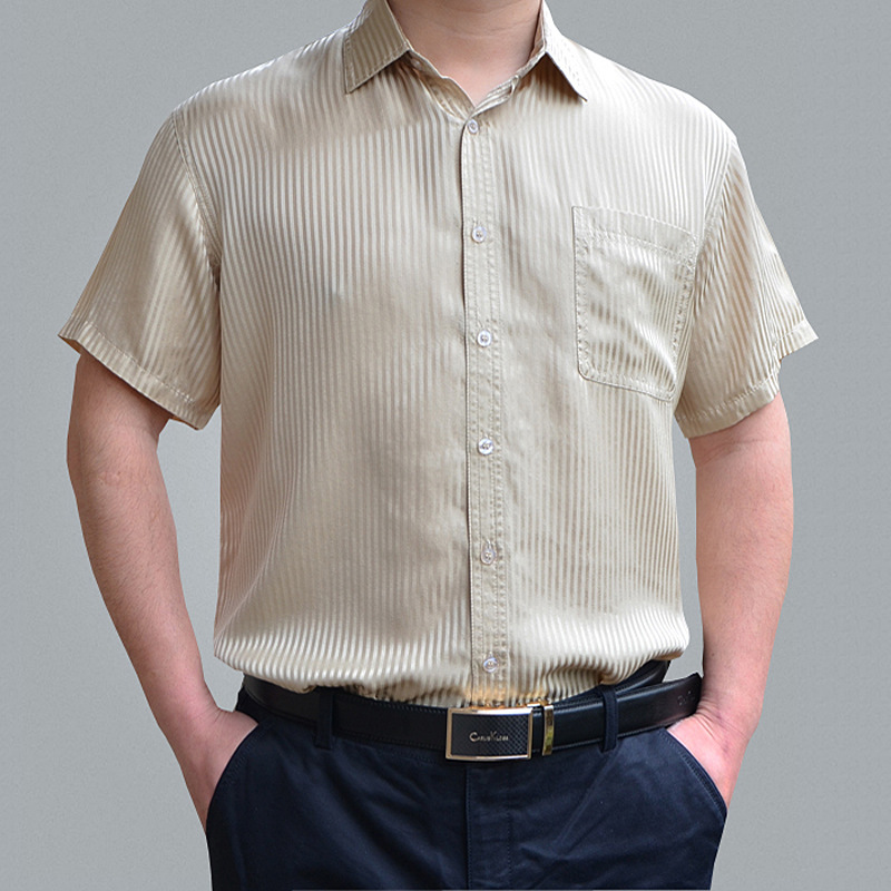 真丝衬衫男短袖寸衣夏季男商务休闲桑蚕丝衬衫中老年条纹薄款衬衣