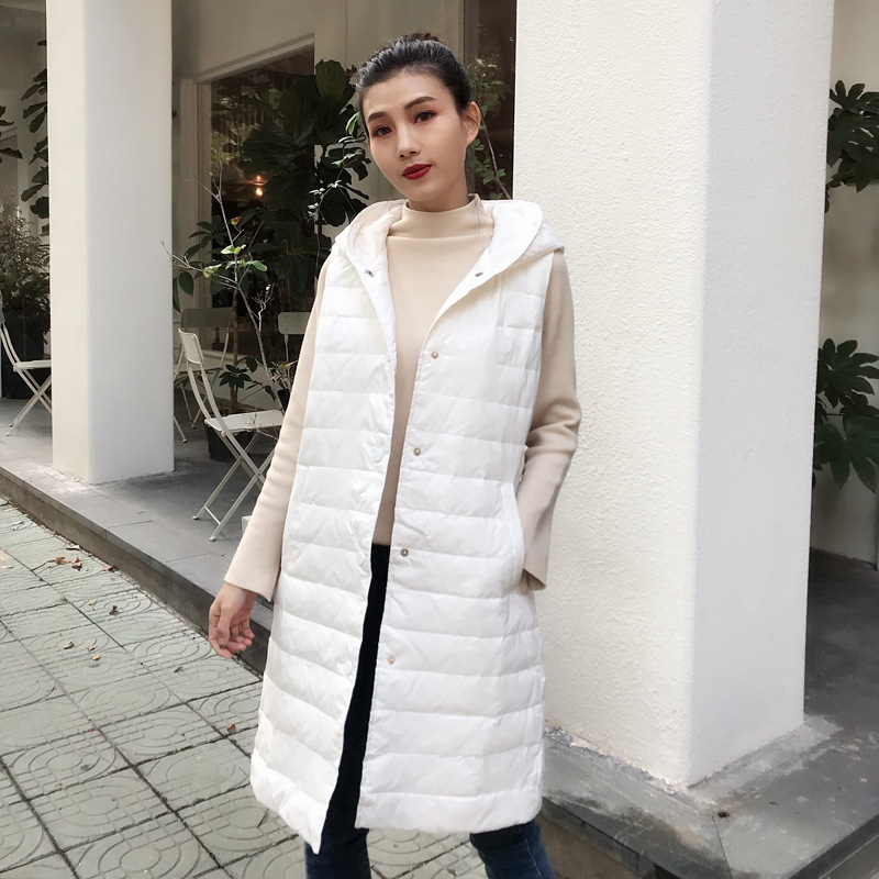 秋冬新款轻薄款羽绒服女马甲中长款修身百搭连帽马夹无袖内搭大衣