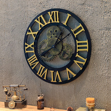 VHM7美式复古做旧齿轮挂钟木质创意挂钟工业风钟表酒吧餐厅装饰品