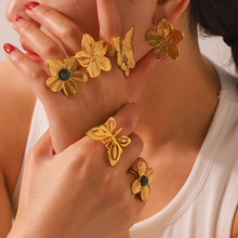 欧美新款金色花朵蝴蝶不锈钢镀18k金 镶嵌绿松石开口戒指气质手饰