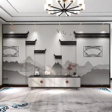 新中式徽派仿建筑马头墙水墨山水画壁纸客厅沙发背景墙纸壁画墙布