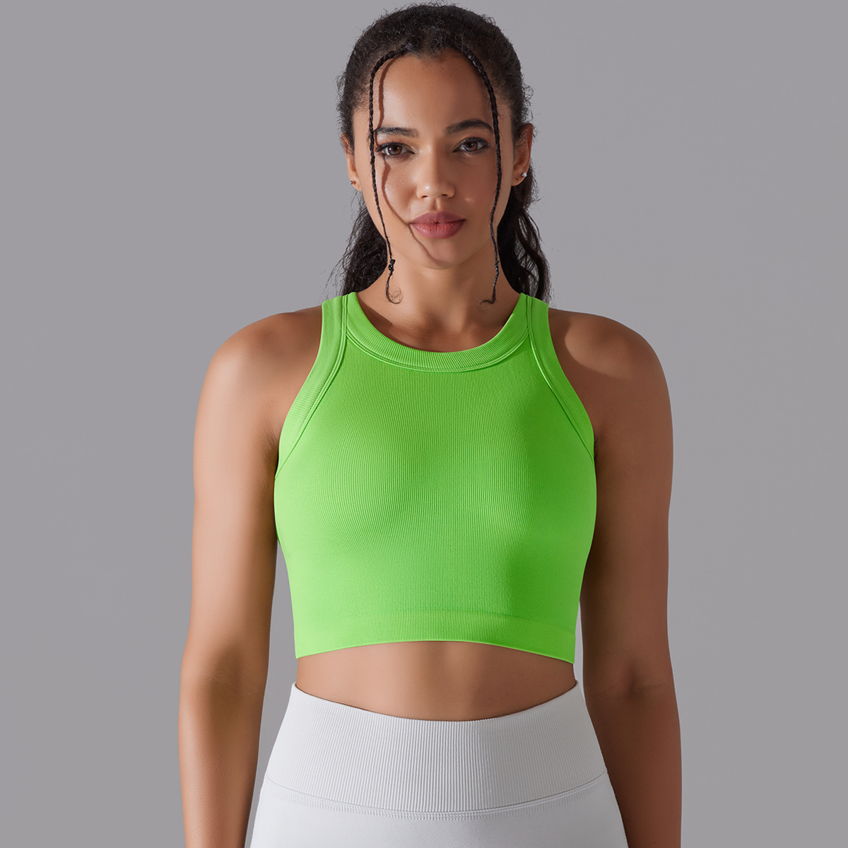 New Seamless Knitted Solid Color Rib Semi-Fixed Cup Yoga Clothes Exercise Sleeveless Vest Running Fitness Top Women