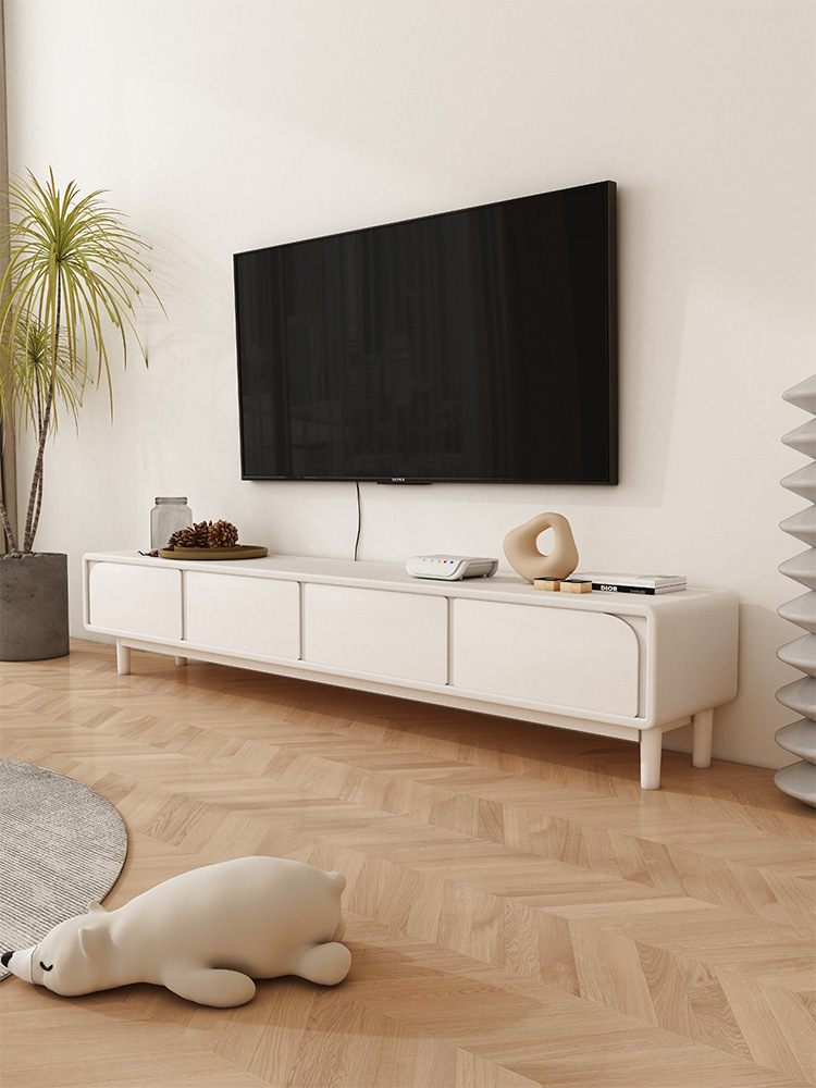 奶油风网红电视柜茶几组合现代简约客厅家用小户型米白色悬浮地柜