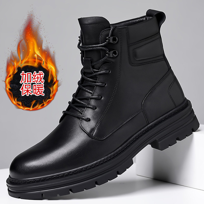Men's Shoes Winter Trendy Men's Martin Boots Men's Dark Style Real Leather with Fleece Lining Warm Leather Boots First Layer Cowhide Men's Boots