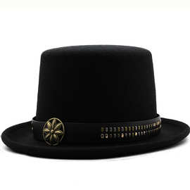新款高筒礼帽时尚魔术帽复古铜扣带礼帽绅士礼帽舞台帽