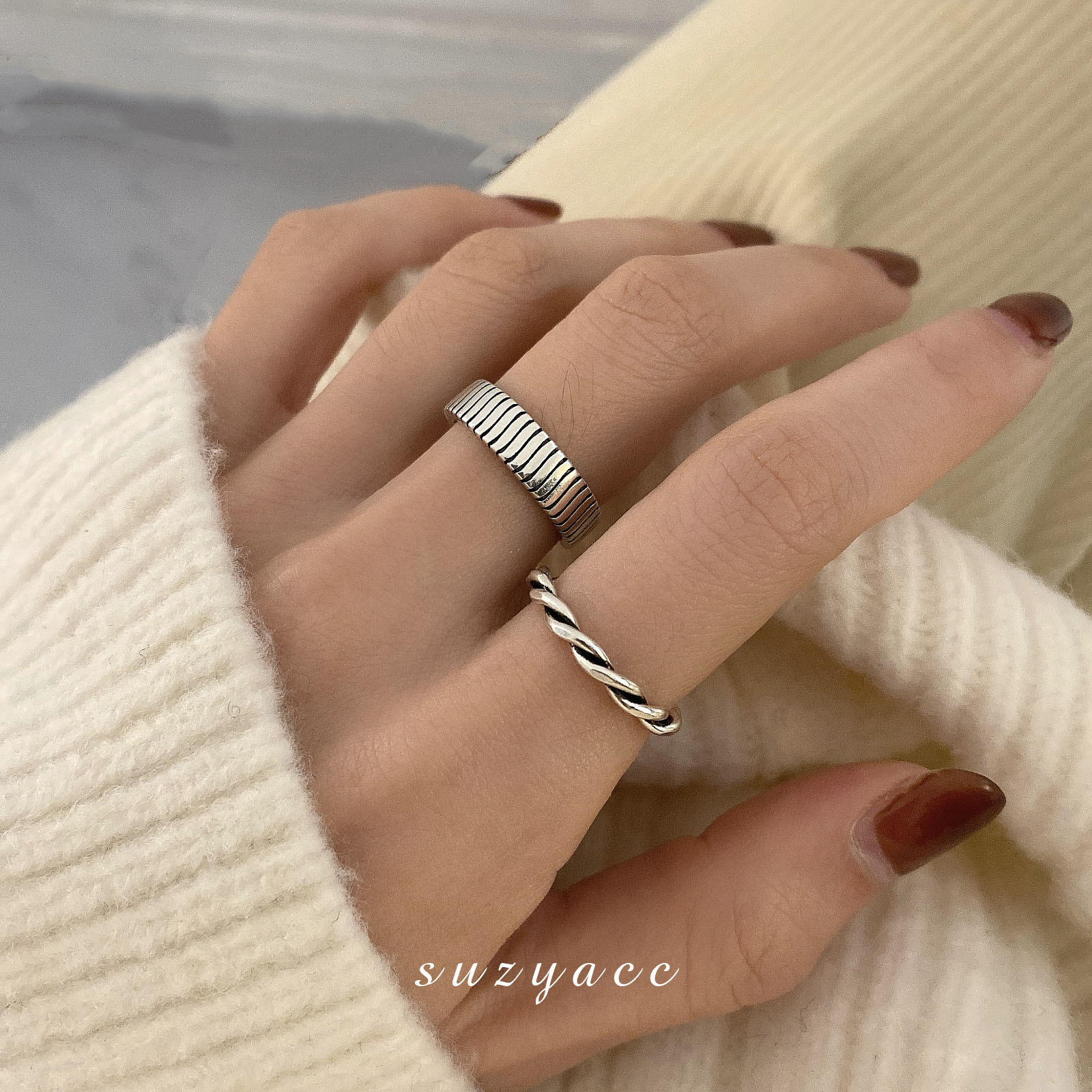 韩国ins风麻花开口食指戒指女时尚个性简约冷淡风可爱潮流复古酷