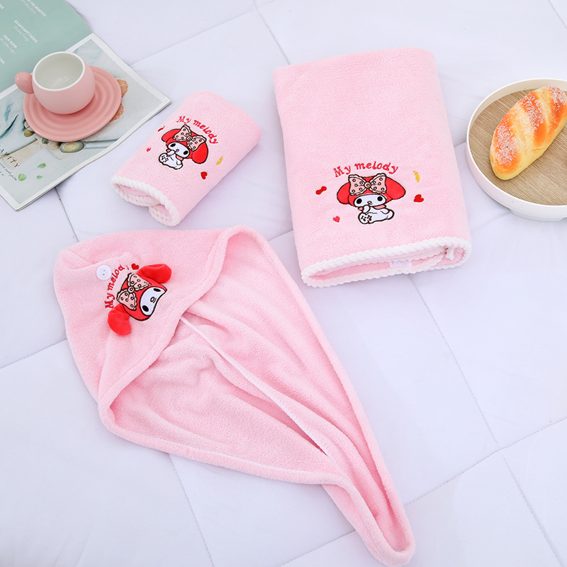Sanrio Cartoon Coolomi Bath Towel Two-Piece Set Absorbent Quick-Drying Non-Drop Towel Cute Melody Hair Drying Cap