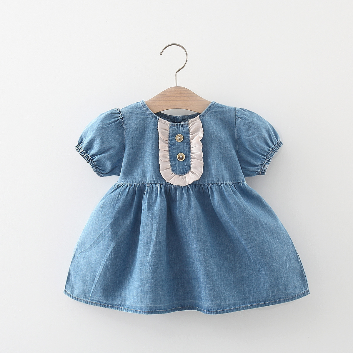 夏季儿童牛仔裙女童连衣裙门襟花边两扣纯色宝宝裙0-3岁外贸童裙