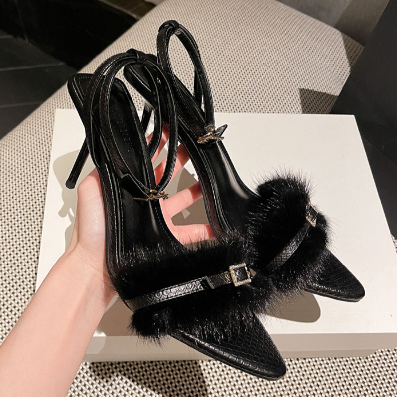 2023夏季新款兔毛水钻扣高跟鞋女细跟尖头一字带露趾黑色性感凉鞋