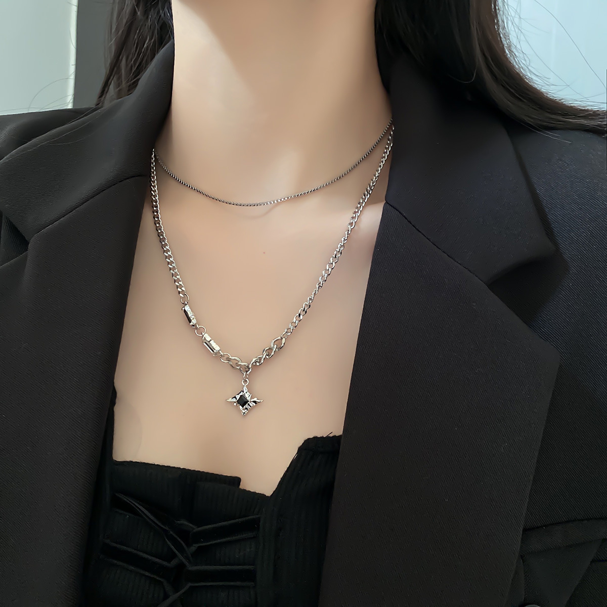 Special-Interest Design Black Zircon Star River Eight-Pointed Stars Necklace Women's Light Luxury Ins Hip Hop Sweet Cool All-Match Jewelry Trendy Cool Accessories