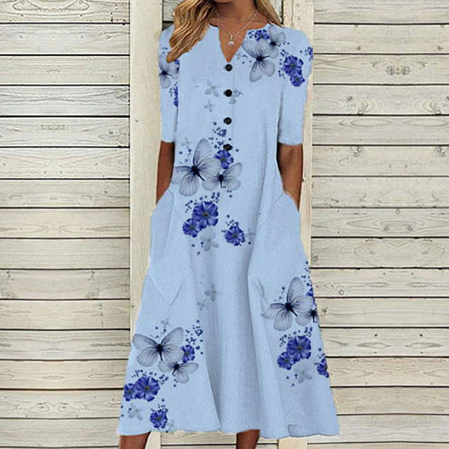 2022 Spring and Summer Amazon Europe and America Cross Border New Women's Printed Pocket V-neck Loose Casual Long Dress Women