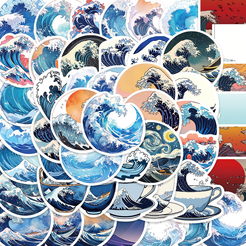 50张卡通ai 浮世绘海浪水波纹装饰贴纸行李箱笔记本冰箱个性贴纸
