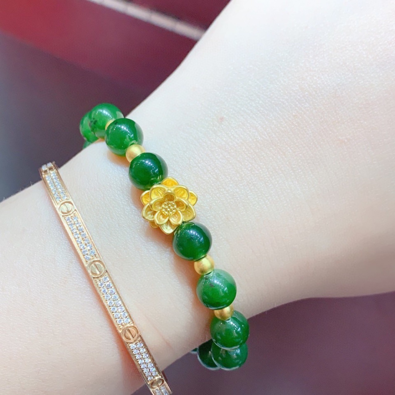 足金999莲花和田碧玉手串女母亲节礼物黄金珠子路路通手链送礼女