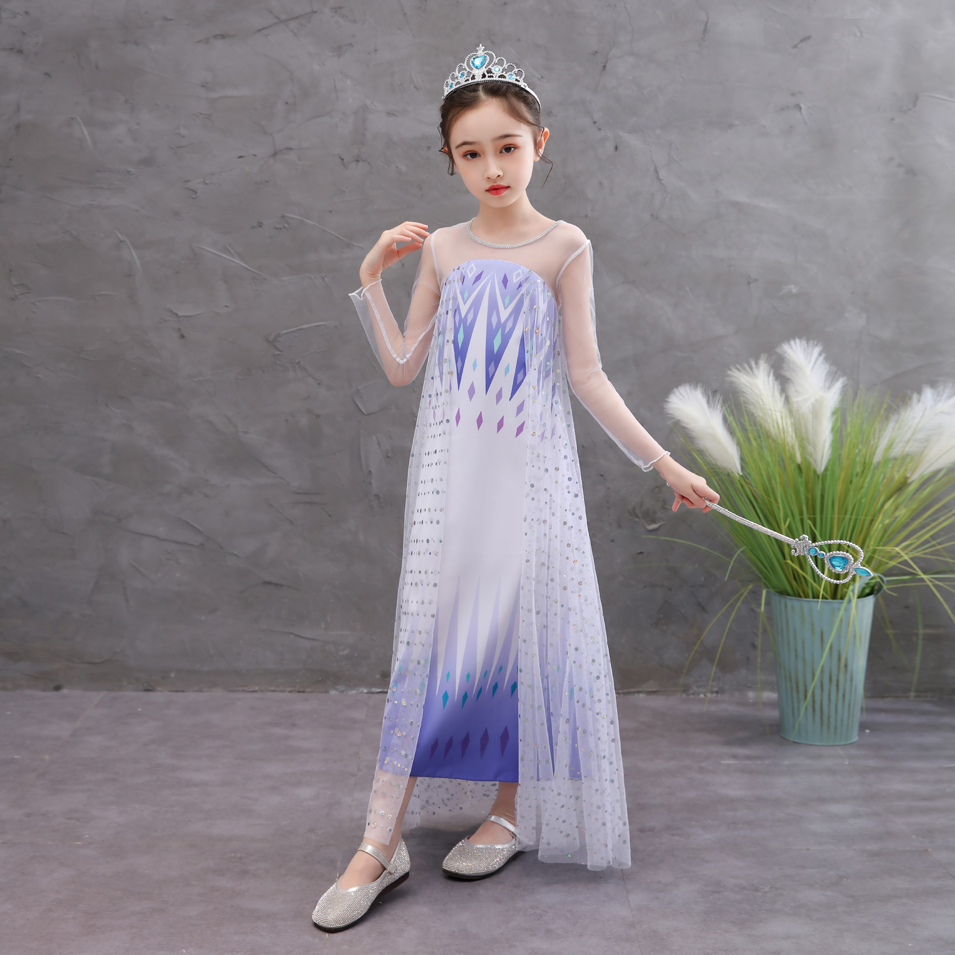 冰雪奇缘艾莎公主裙女童长袖白色爱莎连衣裙万圣节表演服一件代发