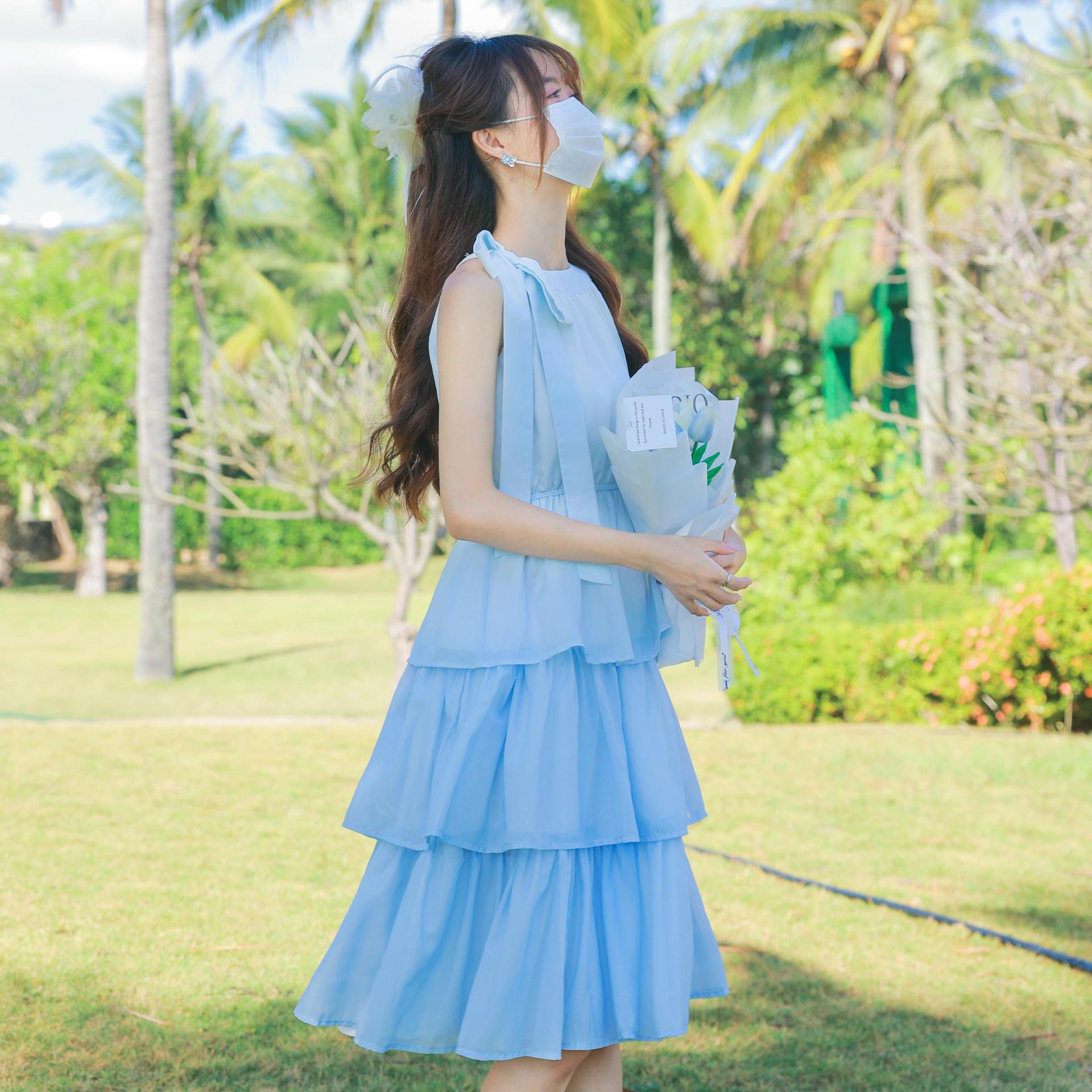 日系甜美夏天法式温柔系名媛风初恋裙女绝美女神范蓝色连衣裙