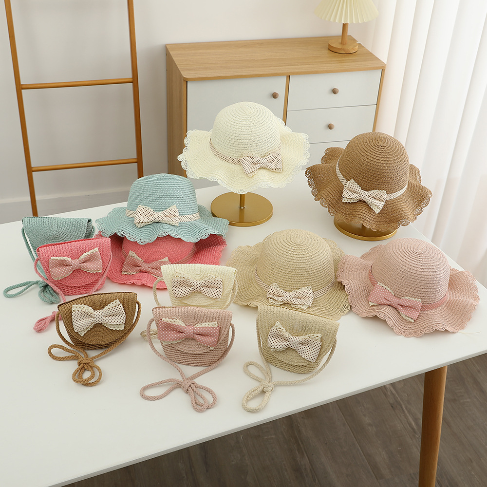 korean style children‘s straw hat wholesale sweet princess polka dot bow hat bag two-piece set summer sun hat