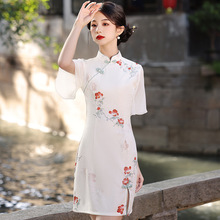 夏季新款纱纱蝴蝶袖韩国麻小个子日常复古小清新短款改良旗袍