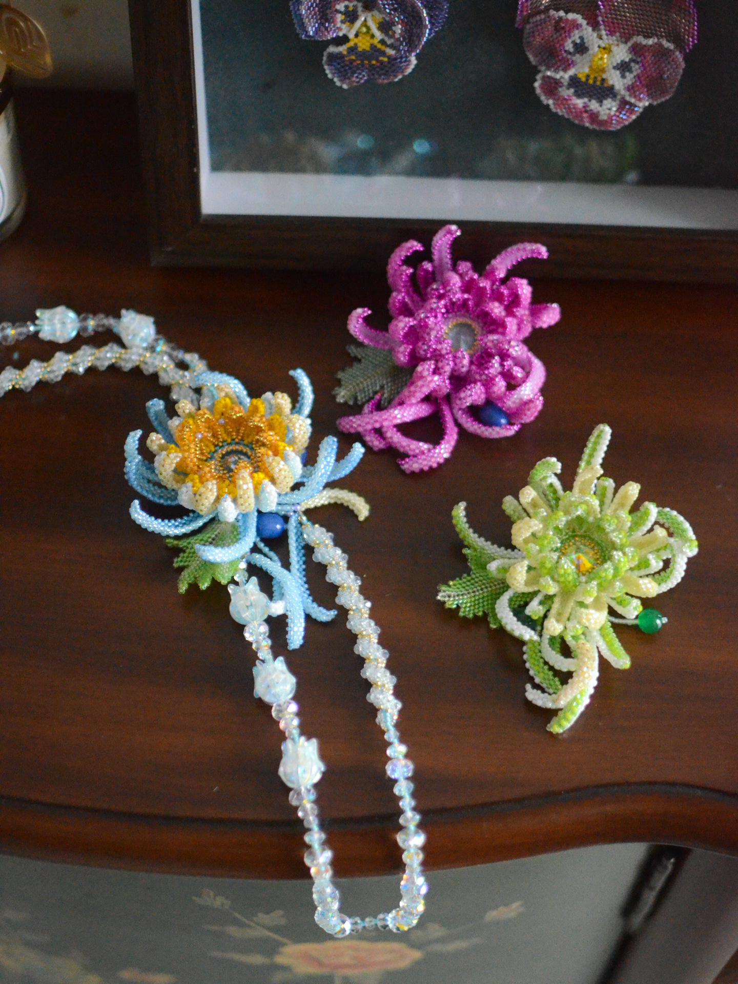金丝菊花串珠毛衣链胸针两用手工串珠教程材料包耳饰配件有机玻璃
