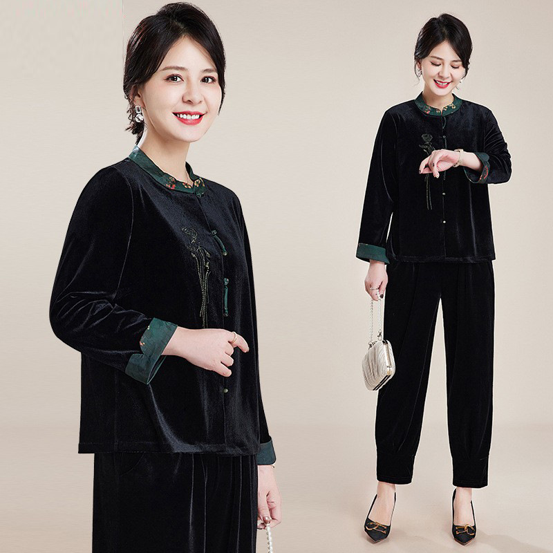 妈妈金丝绒套装春秋2024新款中老年女春装中式衬衫洋气两件套