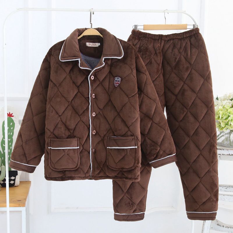 Pajamas Men's Winter Fleece-lined Thickened Flannel Three-Layer Quilted Men's Thermal Cotton-Padded Clothes Cotton-Padded Jacket Men's Home Clothes Suit