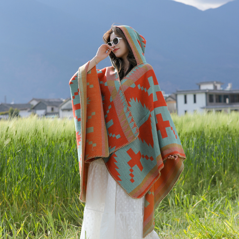 New Ethnic Style Thickened Shawl Xinjiang Tibet Yunnan Travel Photography Clock-in Wear Cape Warm Coat for Women