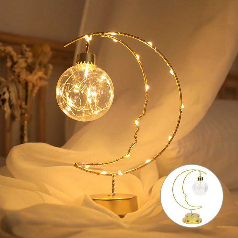 Cross-Border New Arrival Christmas Decorative Lights + Wrought Iron Moon Indoor Decoration Small Night Lamp + Birthday Gift Modeling Lights