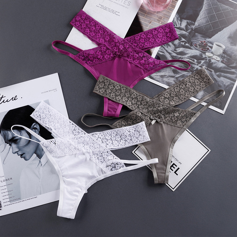 外贸欧美性感丁字裤女冰丝性感无痕交叉蕾丝透气情趣女士内裤纯欲