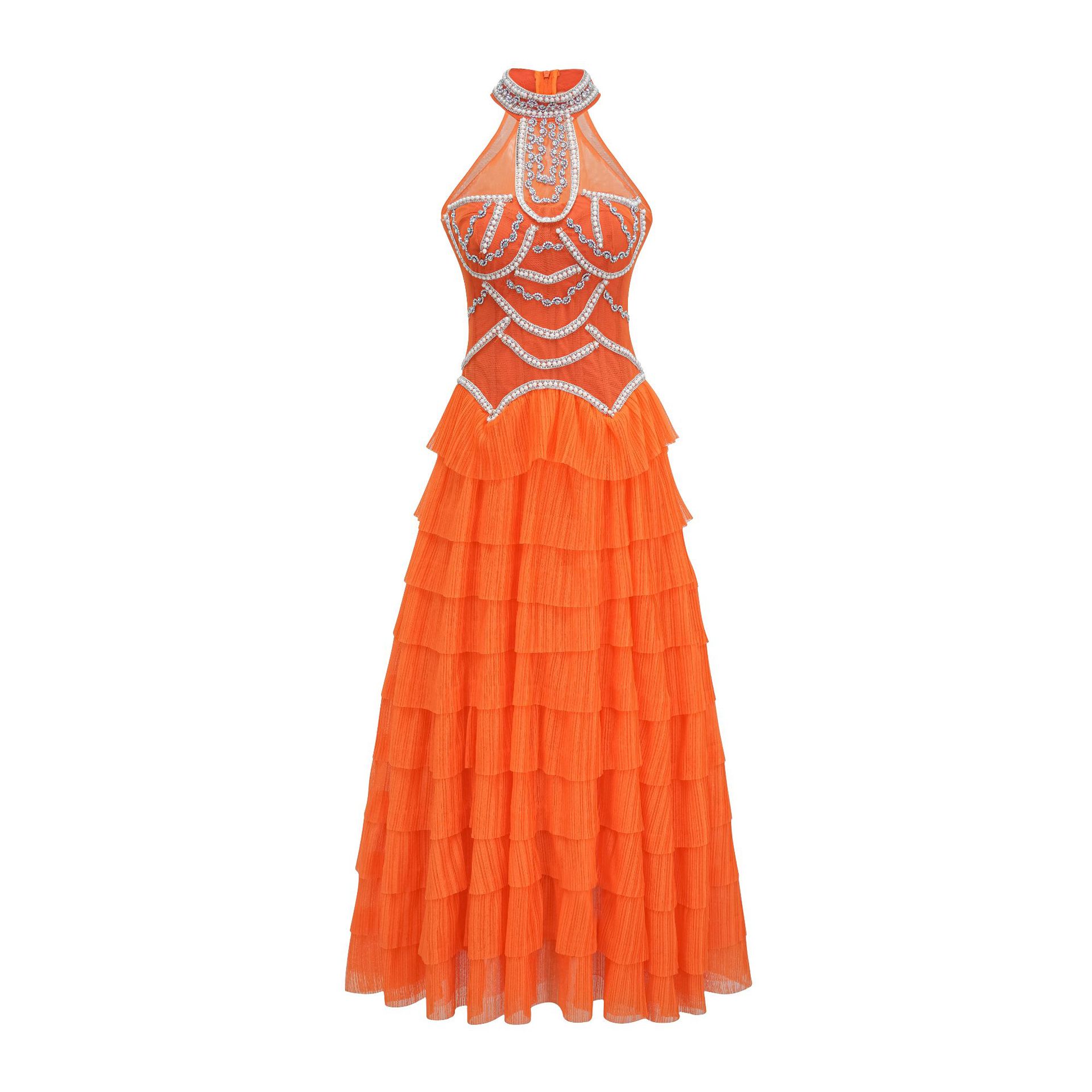 高级重工艺挂脖礼服收腰无袖显瘦气质长裙宴会主持表演连衣裙女装